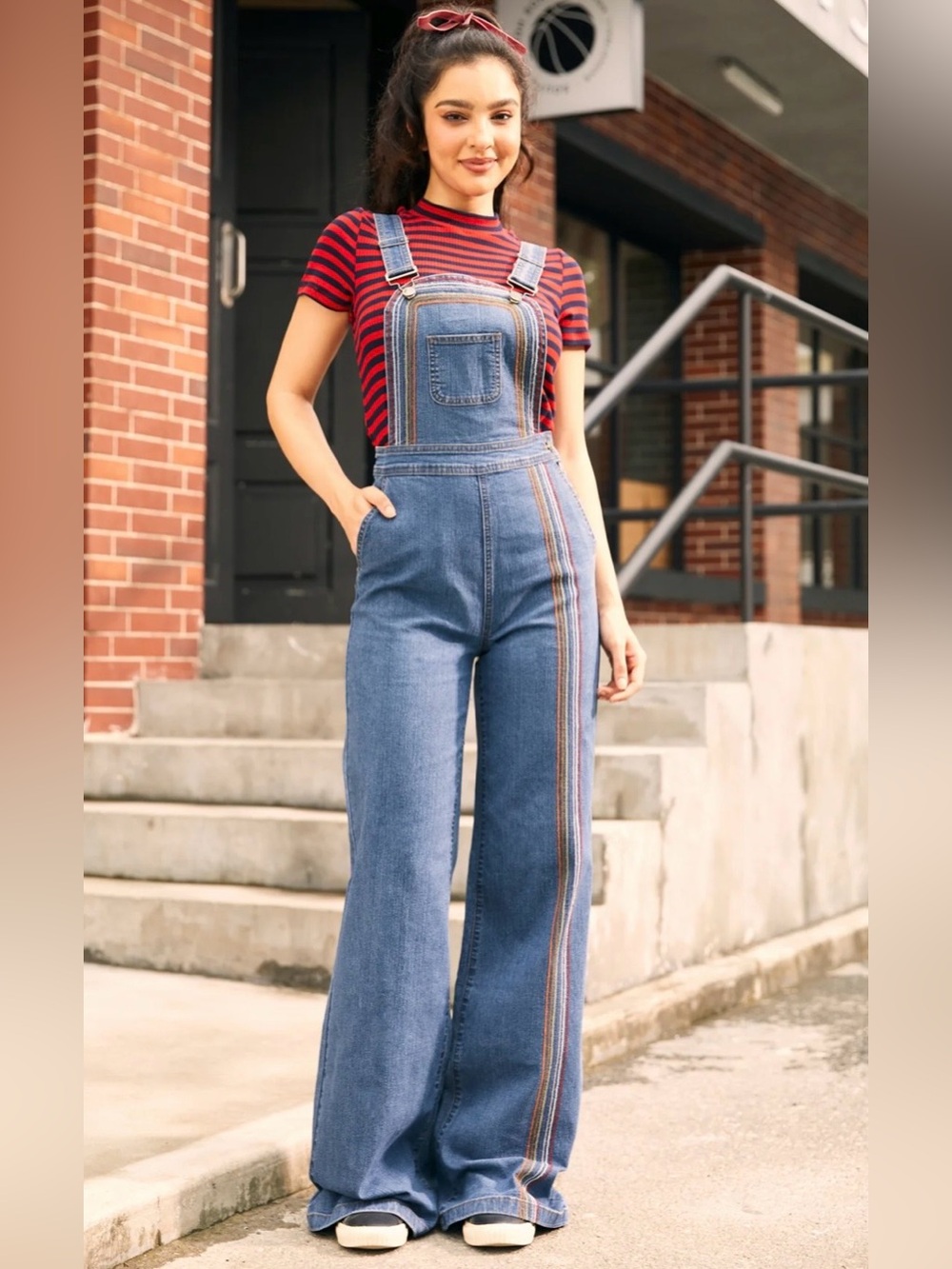 W 18 ModCloth “NWT “Rainbow With Me” Denim Overalls Wide Leg Retro Hippie